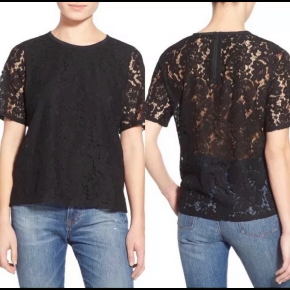 Madewell Black Lace Short Sleeve Top XS